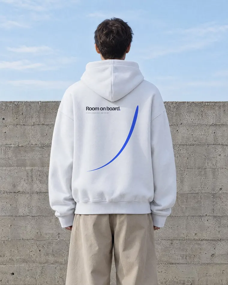 White Airyona hoodie, back print: a single climbing contrail and the line Room on board